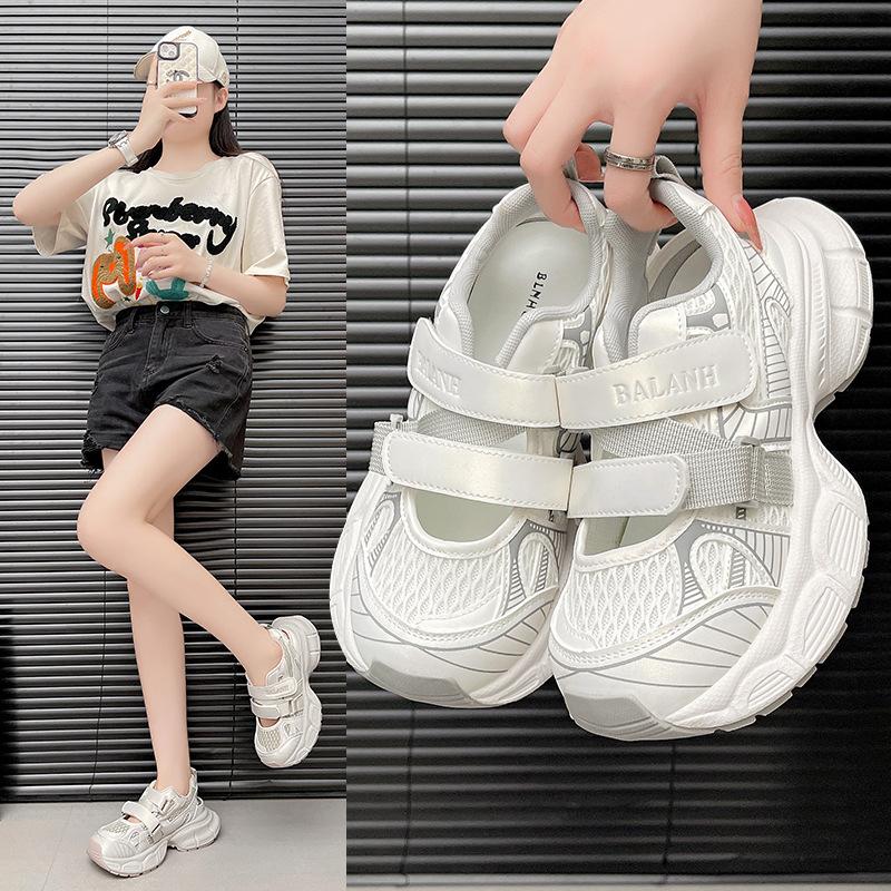 Leather hollow dad shoes women's 2025 new summer mesh breathable sports sandals versatile height increase casual shoes trend