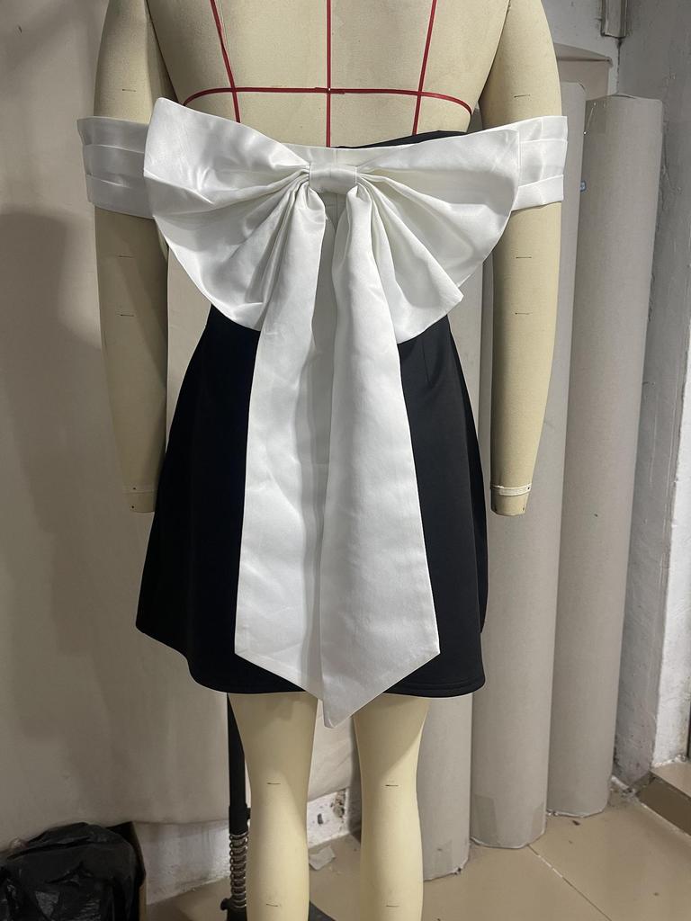 European & American Style Black & White Asymmetrical Bow Dress - Trending INS Influencer Fashion for Women