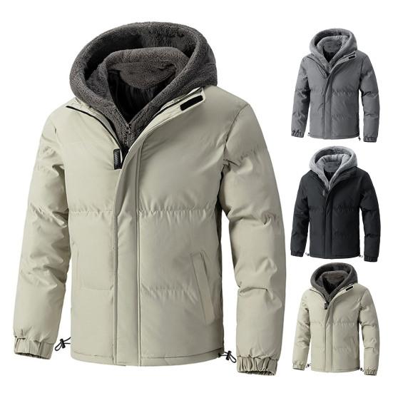 Men Cotton Coat Hooded Long Sleeve Plush Lining Fake Two Pieces Jacket Zipper