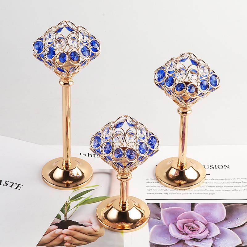 Metall Kerzenhalter Blauer Kristall Goldener Kerzenständer Kerzenleuchter Kandelaber Hochzeitsmittelstücke Dekoration Tisch Heimdekor