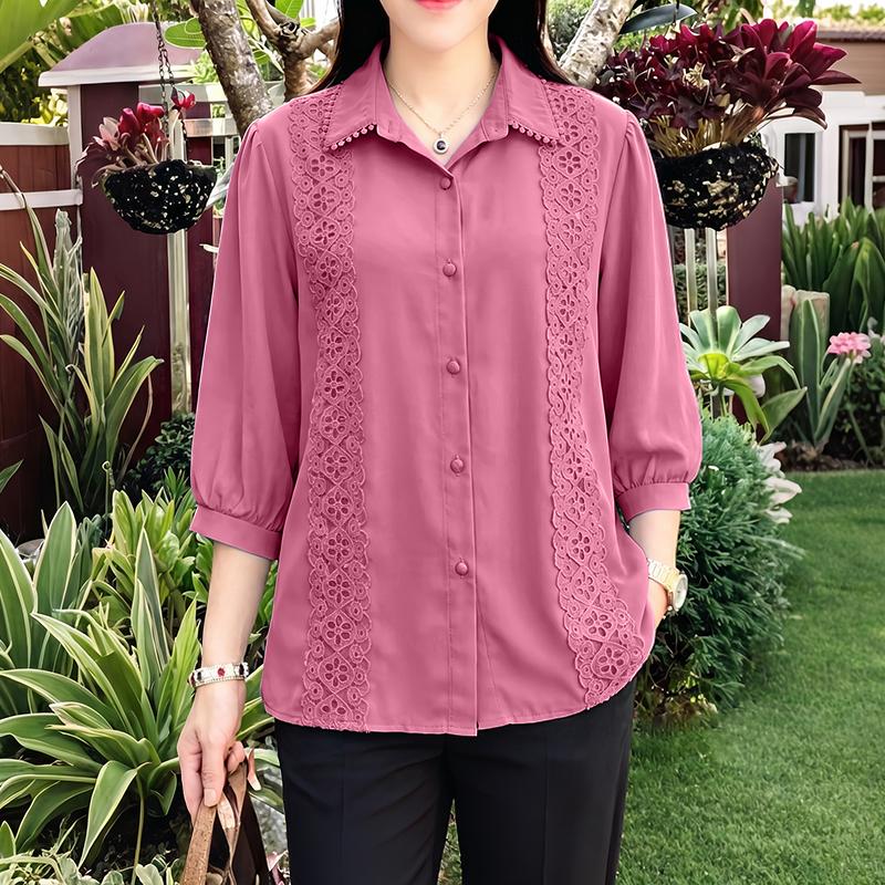 ZANZEA Women Casual Turn Down Collar 3/4 Sleeve Lace Splice Blouse