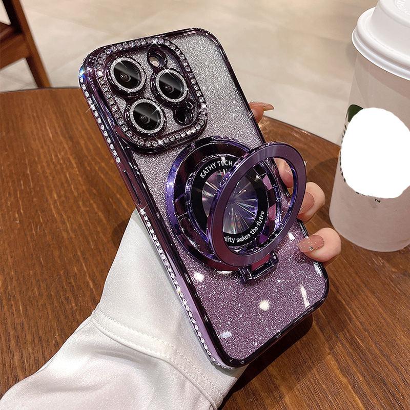 Luxury Plating Glitter Diamond Mirror Holder Bracket Cover Magnetic TPU Phone Case for iPhone 17 16 15 14 Plus 13 Pro Max 17 Air