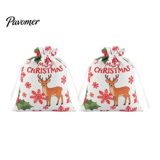 Holiday Theme Candy Carriers 2Pcs Christmas Drawstring Gift Bags, Xmas Tree Reindeer Printed Treat Festival Packaging Pouches, Reusable Fabric