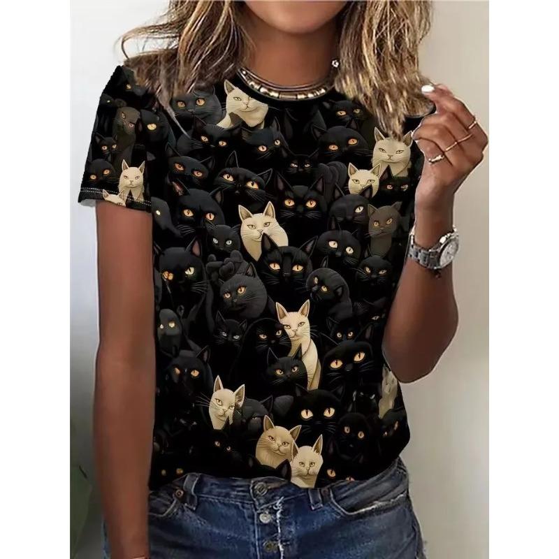 Summer Round Neck 3D Cute Cat Pattern Print Top Fashionable Casual Short Sleeved Women's T-shirts