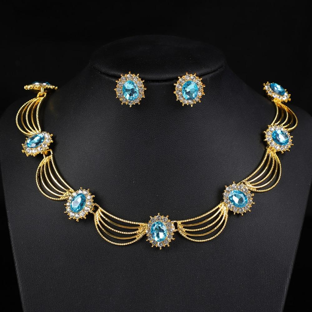 Gold-Tone Gemstone Necklace Set Geometric Statement Jewelry Set Earring Matching Set  Women