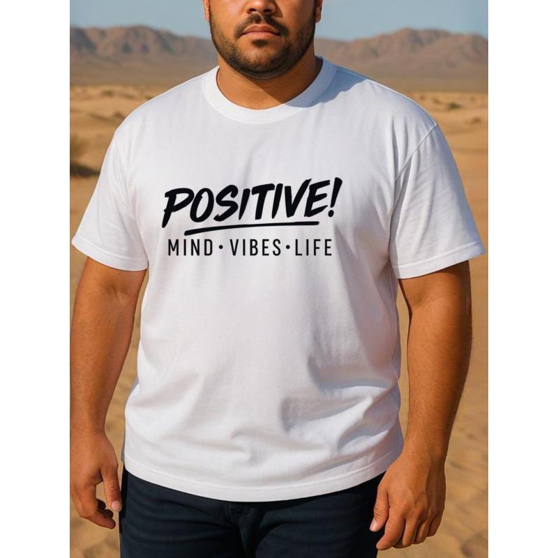 European Size Men's Positive Mind Vibes Life T-Shirt - Black with White "Positive! Mind-Vibes-Mind" Print, Short Sleeve Round Neck Casual