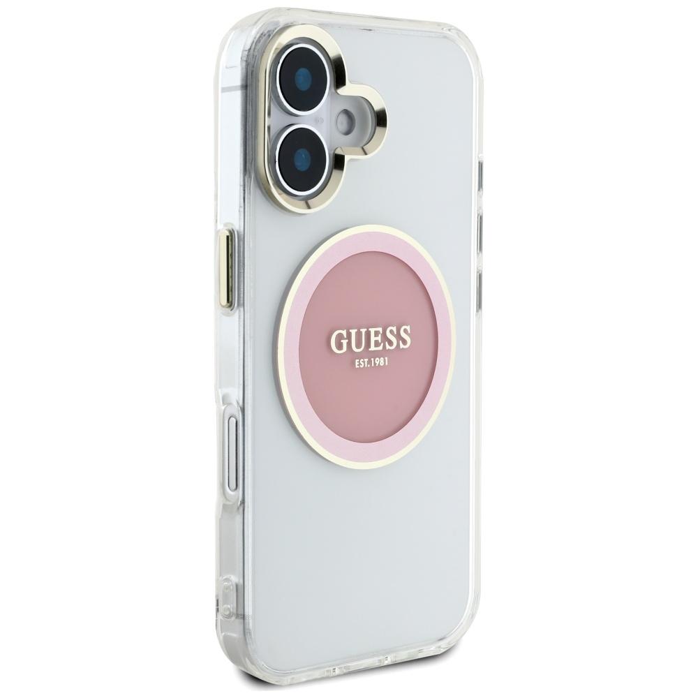 Guess IML Metal Colored Circle Classic Logo MagSafe case for iPhone 16 pink