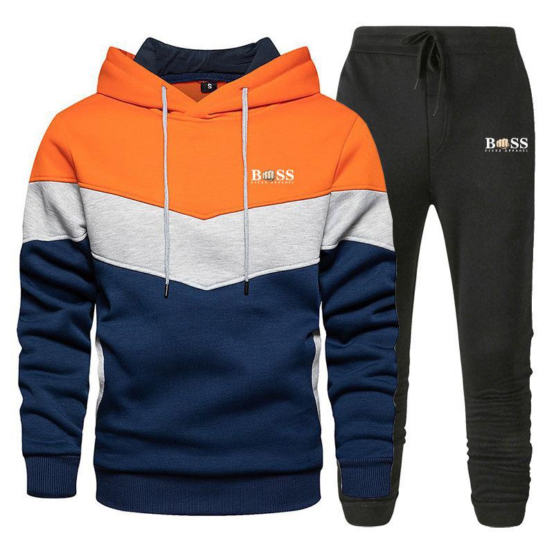 Men s Fleece Color Blocked Hoodie Set Sports Casual Printed S