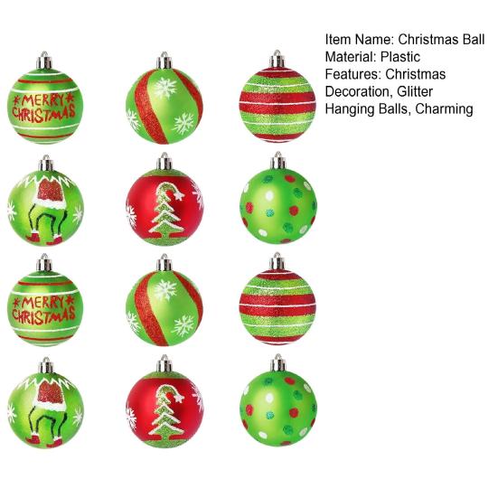 12 Pcs 2.4 Inch Christmas Ball Ornaments Glittering Red Green Plastic Hanging Balls Swirl Candy Cane Elf Balls Xmas Tree Pendants