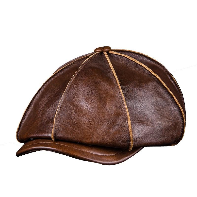 Men's 100%Genuine Cowhide Leather Warm Octagonal Cap Casual Vintage Newsboy Cap