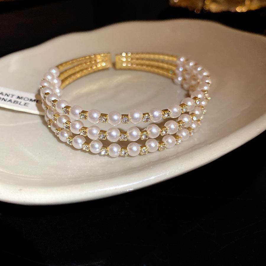 Inlaid Crystal Pearl Beaded Three Layer Open Bangle Elegant Luxury Women Hand Jewelry