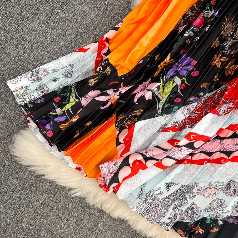 Jupe d'été taille haute slim mi-longue au-dessus du genou imprimée A-line plissée taille élastique jupe ample