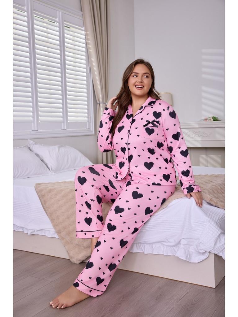 Plus-Size Women's Heart-Print Cardigan Collared Long-Sleeve Long-Pants Pajama Set for Women