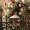 Balcony Hanging Bird Feeder with Antique Gold Finish, Flower Cover, Mesh Food Container, and Foldable Iron Structure