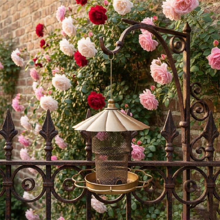 Balcony Hanging Bird Feeder with Antique Gold Finish, Flower Cover, Mesh Food Container, and Foldable Iron Structure