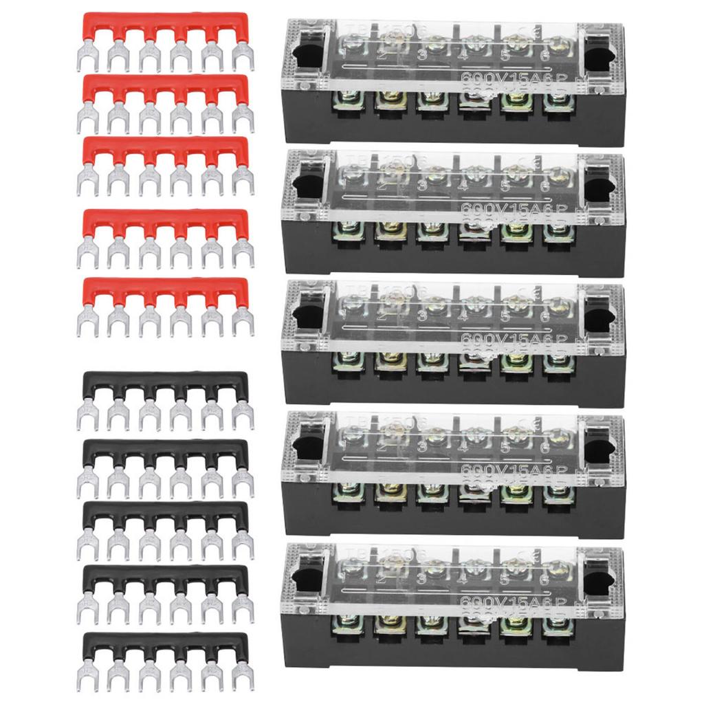 5pcs Dual Row 6 Positions 600V 15A Screw Terminal Block   Preinsulated Terminal Barrier Strip