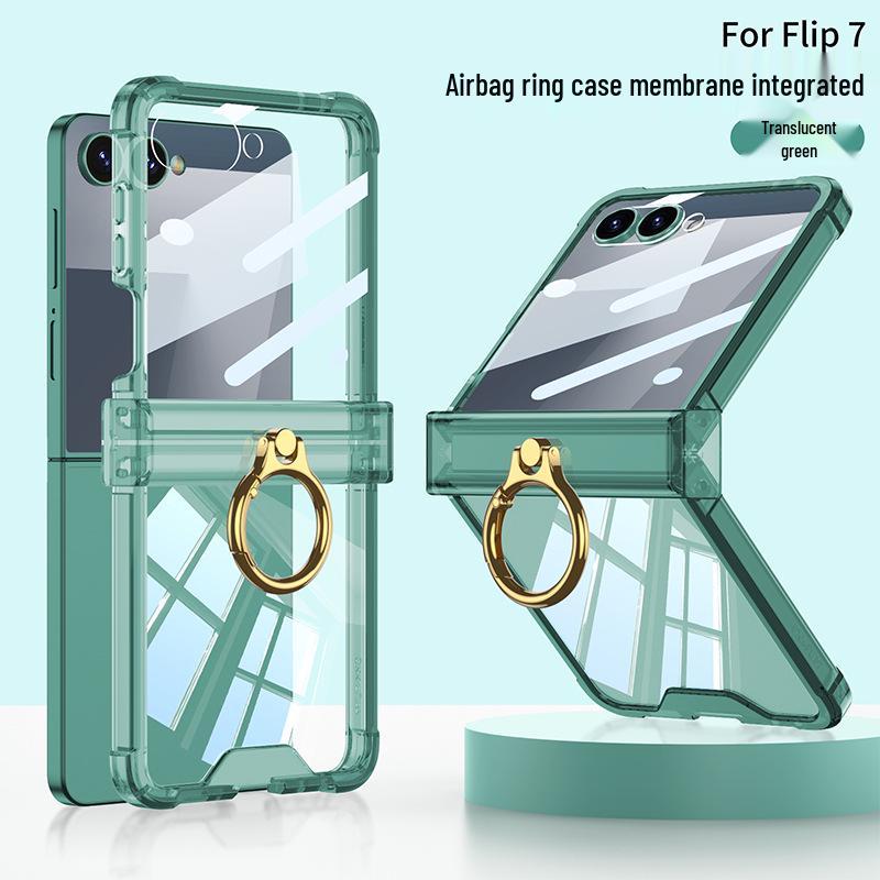 Samsung zFlip7 Hinge Protective Case: Transparent Airbag Full Coverage with Finger Ring Buckle