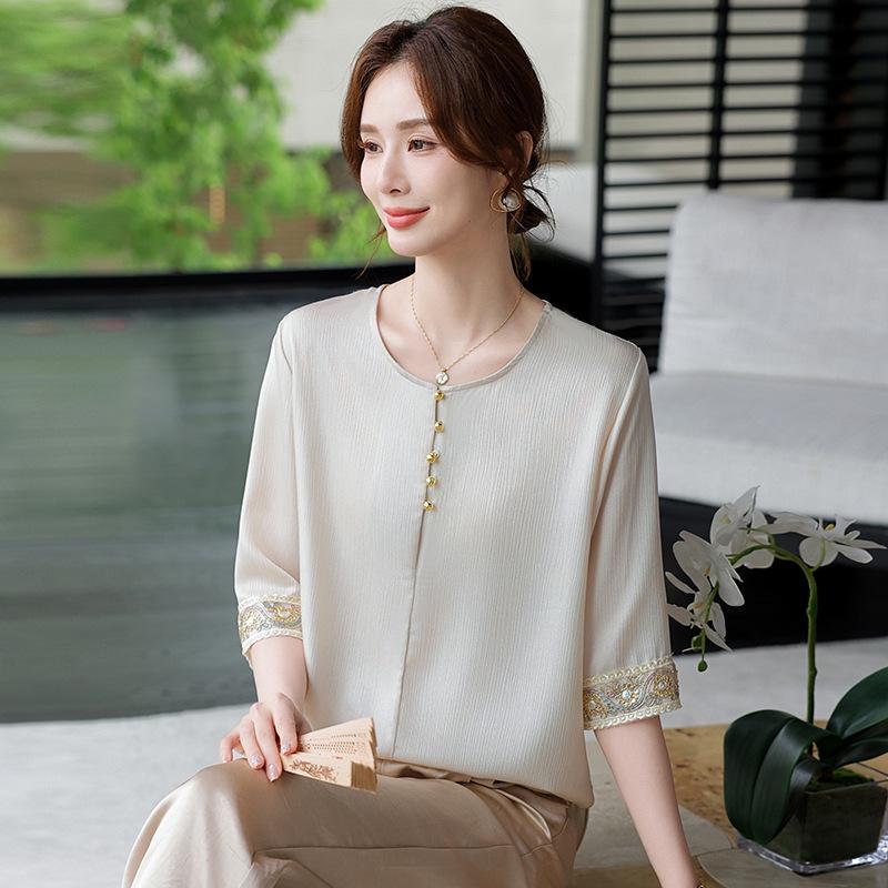 2026 Summer Chinese Style Seven-Point Sleeve Top for Middle-Aged Women - Elegant Mother's Day Fashion