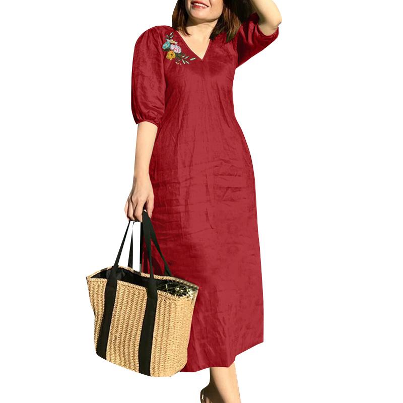 ZANZEA Vestido casual con bordado floral y manga corta con cuello en V para mujer