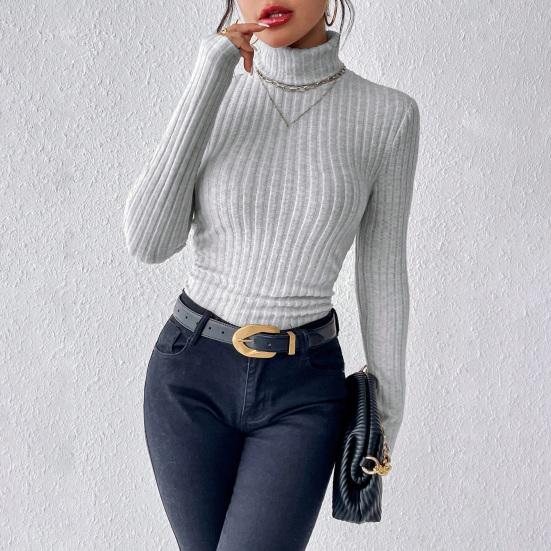 Women Knitting Tops Turtleneck Long Sleeve Solid Color Sweater Slim Fit Ribbed Bottom Tops Winter Knitwear