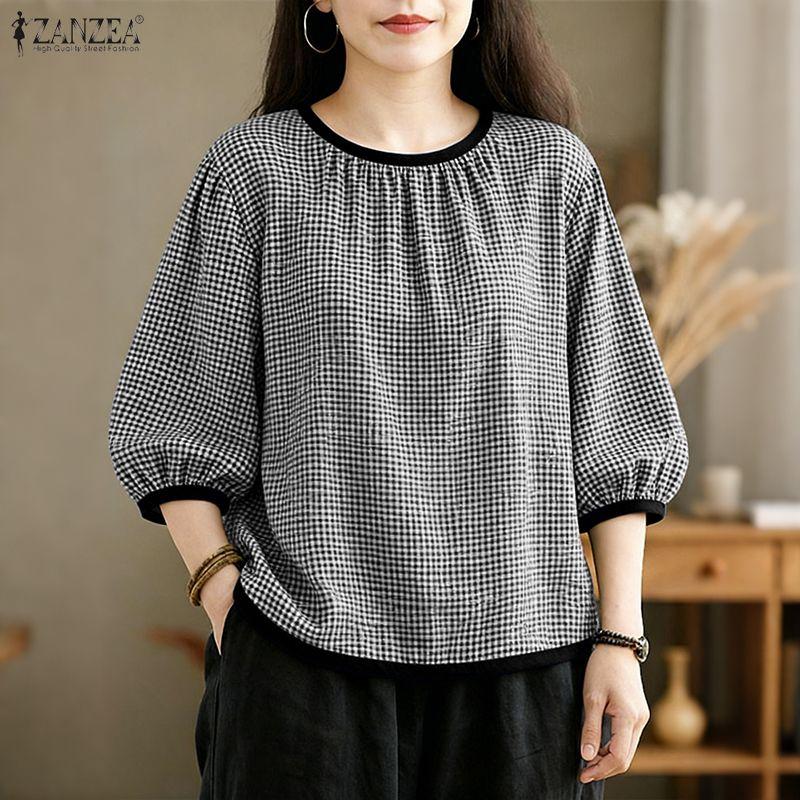 ZANZEA Women Casual Round Neck 3/4 Sleeve Grid Print Loose Blouse