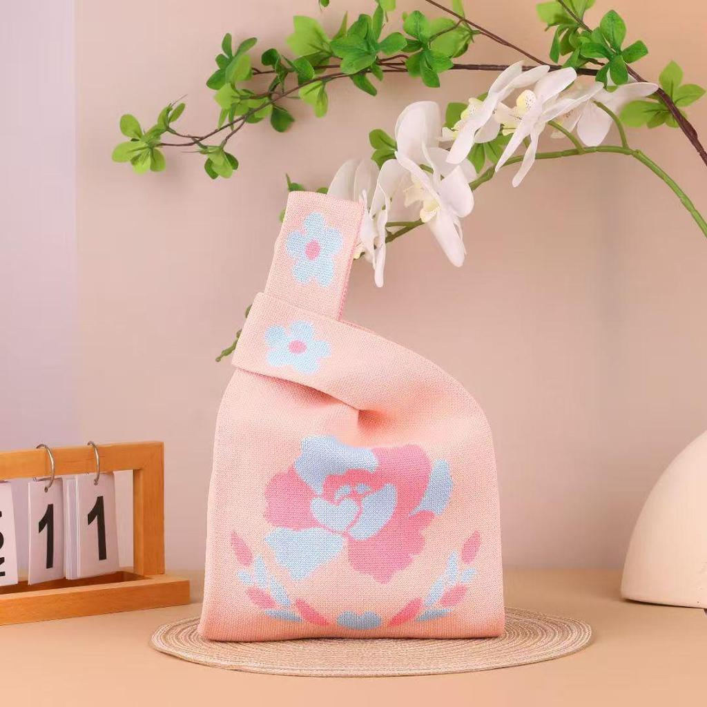 Luoyang Peony Knit Tote Bag - Korean Style Cartoon Design, Casual Handbag, Perfect Festival Gift