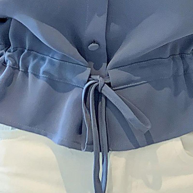 Spring Summer Women's Versatile Solid Color Turn-down Collar Half Sleeve Chiffon Shirts Casual Shirring Single-breasted Blouses