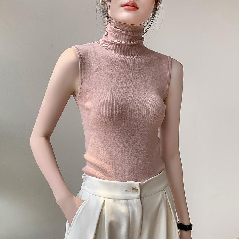 Women's Turtleneck Knit Vest Autumn Winter Slim Fit Slouchy Collar Shrug Sleeveless Lining Top