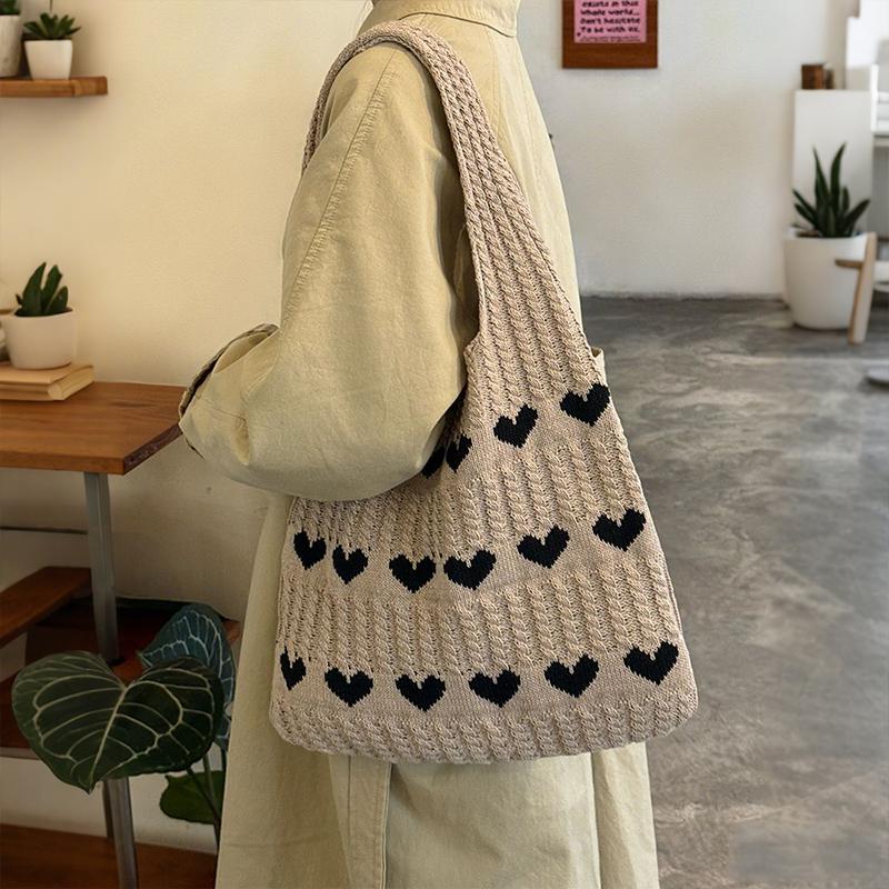 Knitted Love Pattern Tote Bag Stylish Woven Handbag Shoulder Bag for Women Party Work Travel Underarm Bag Outdoor