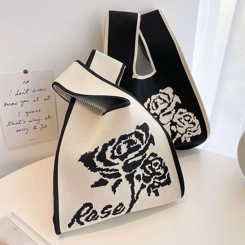 Damen-Handgelenktasche mit Knoten, handgefertigt, gestrickt, tragbar, Mini, gestreift, Tragetasche, Eimer, Handytasche, große Kapazität, Herbst-/Winterhandtaschen