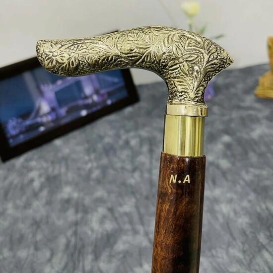 Antique Style Victorian Vintage Designer Brass Handle Cane Wooden Walking Stick