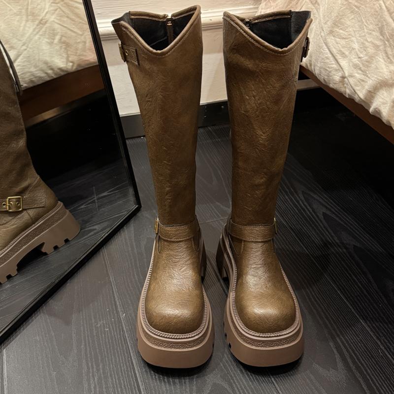 

Зимние ботфорты на платформе и толстом каблуке для женщин, модные туфли с ремешком и пряжкой, женские панк-винтажные длинные ботильоны De Muje 35