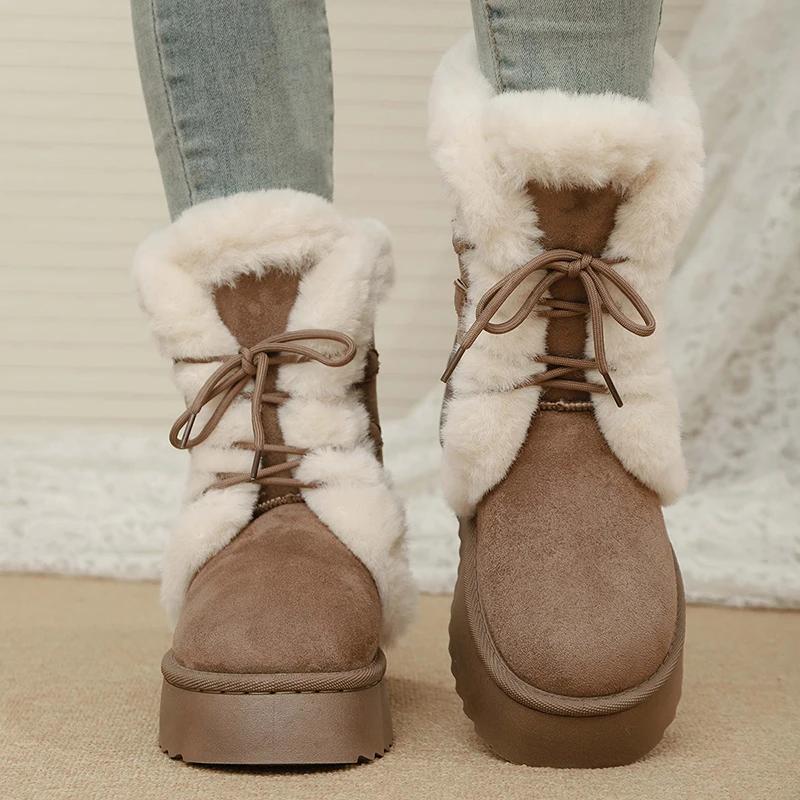 Women's Winter Warm Fur Snow Boots Lace Up Fluffy Plush Platform Ankle Boots for Women Thick Bottom Non Slip Cotton Padded Shoes