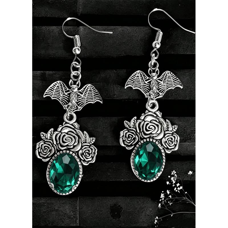 Gothic Shadow Wings Bat & Vampire Red Glass Rose Earrings