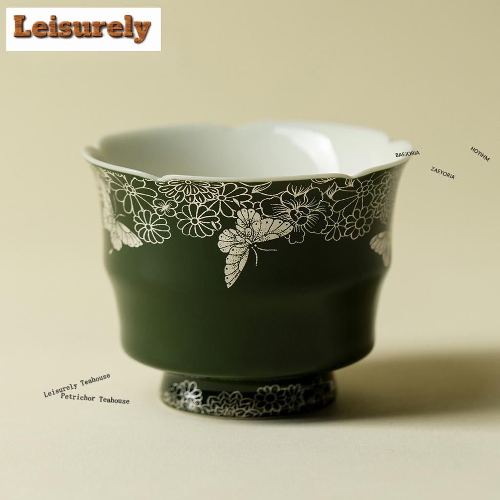 111ml Green Ripples Flow Butterfly Flower Teacup Antique Tea Bowl Water Jug Tea-tasting Fragrance Cup Jianzhan Master Cups Tea