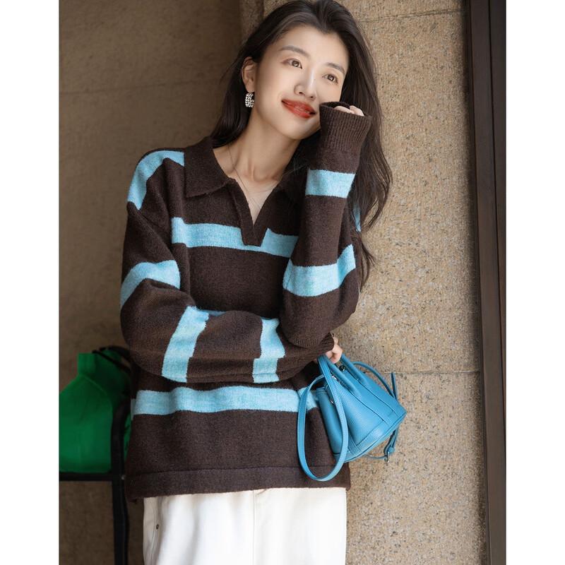 Demana Women's Retro Striped Color Block Turn-Down Collar Sweater