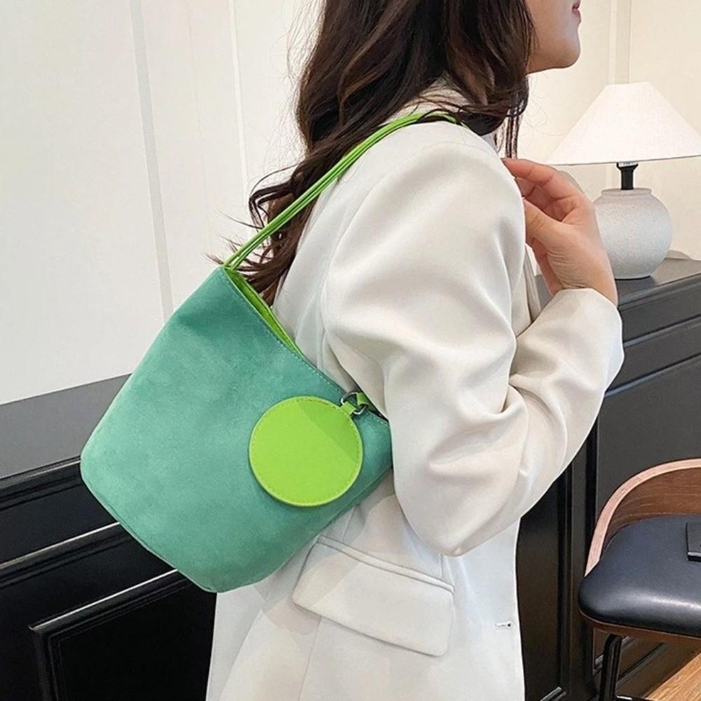 Fashion Solid Color Suede Bucket Bags Large Capacity Buckle Underarm Bag Phone Handbags Women