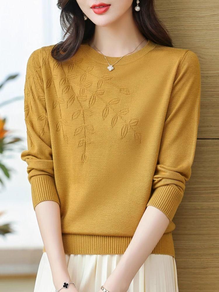 Embroidered Round Neck Knitted Sweater Women's Long Sleeve Autumn Winter New Fashion Slimming Design Base Layer Top