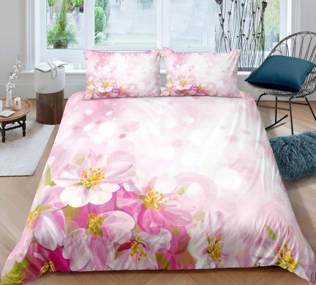 Small Floral Duvet Cover Queen King Size Pink Floral Blossom Theme Bedding For Girls Women Soft Microfiber 3 Pcs Super Soft