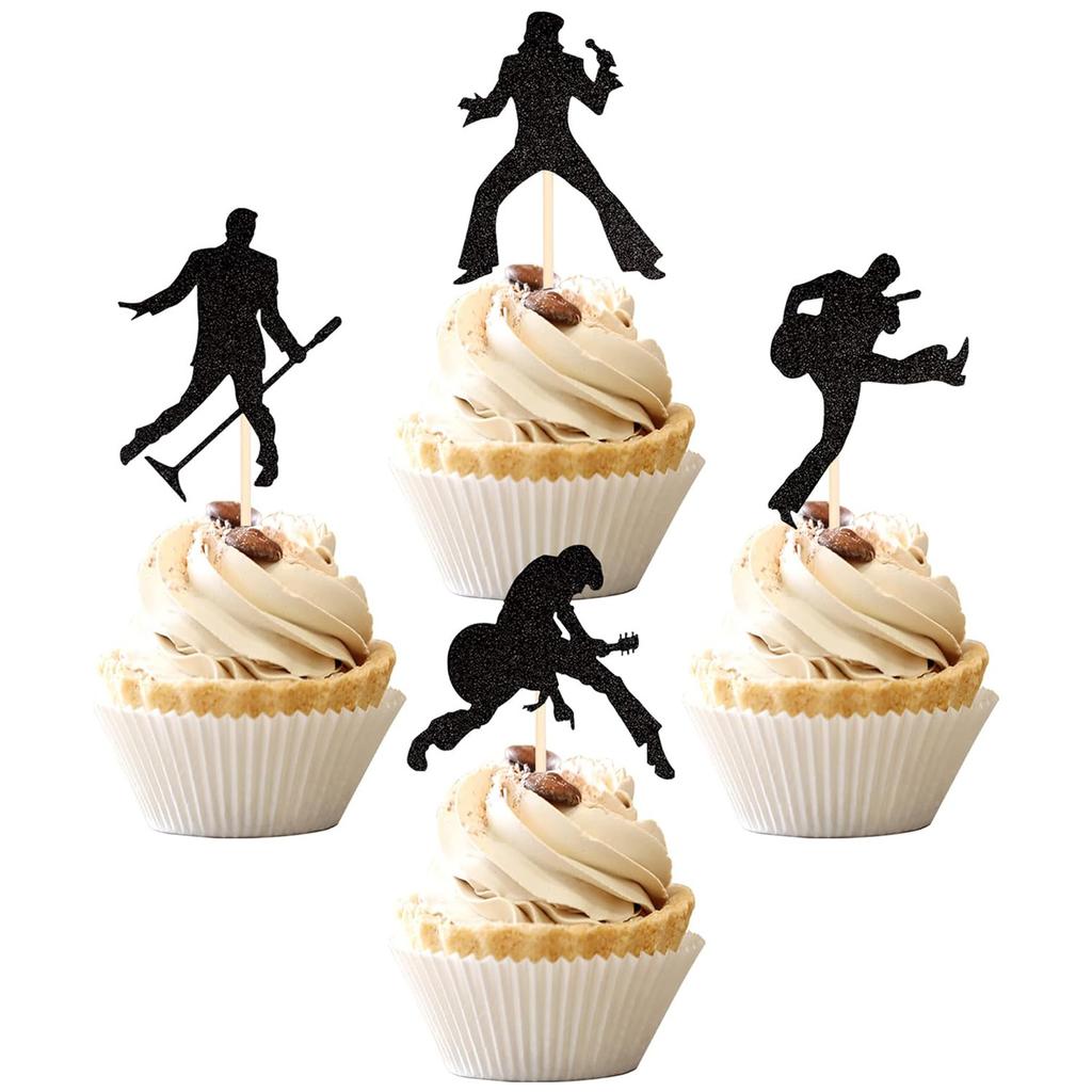 16PCS Music Notes Cupcake Toppers Black Glitter Musical Symbol Cupcake Picks for Rock Music Concert Theme Baby Shower Wedding B