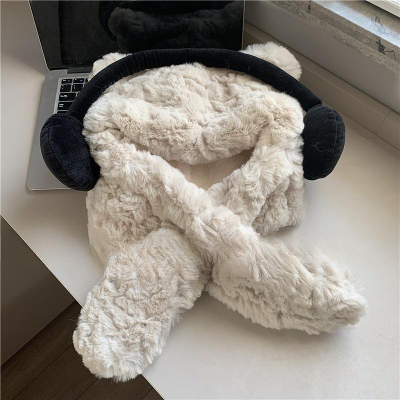 Thickened Cute Headphones Bear Hat Scarf Plush Ear Protection Lei Feng Hat Pullover Hat