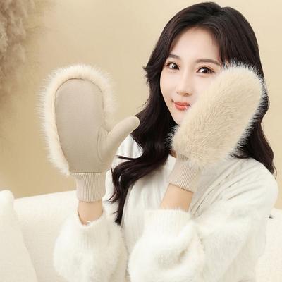 Women's Fashion Imitation Rabbit Fur Windproof Gloves Thick Warm Full Fingers Winter Warm Gloves Soft Lining Gloves Winter