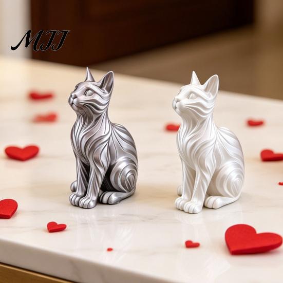 Bay Window Cat Statue 3D Printed with Wavy Fur, Modern Sitting Figurine for Showcase Decor Bookshelf Decor, Minimalist Art Sculpture Home Office, Gift