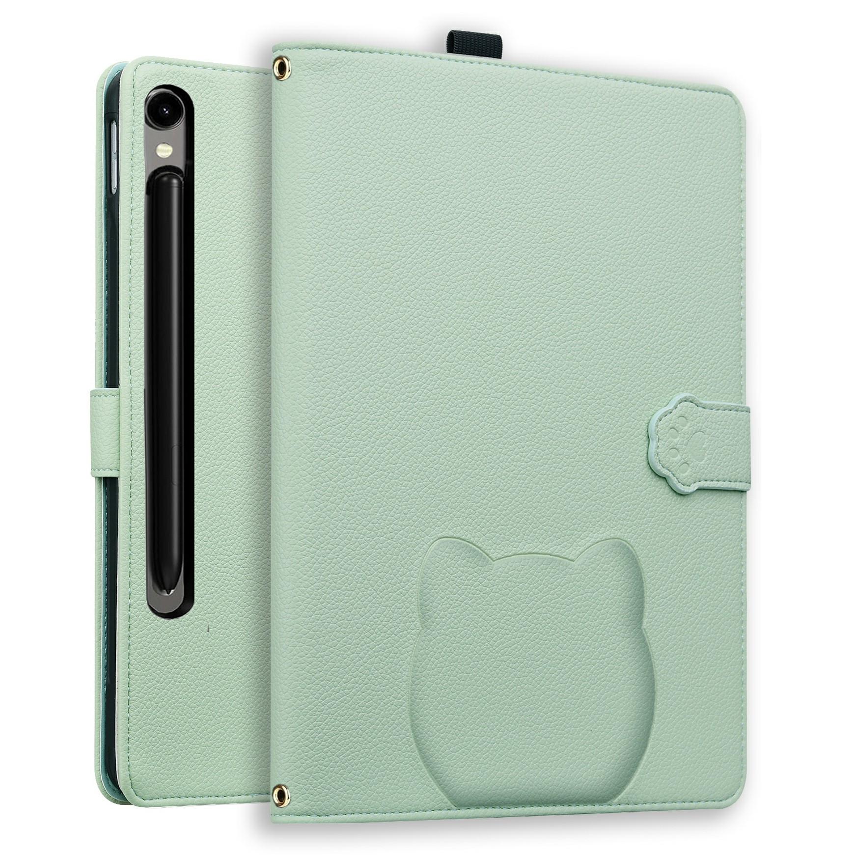 

Чехол-кошелек для Samsung Galaxy Tab S10 FE+ Кожаная подставка Настольная обложка с держателем для стилуса, 3D-эффект, рисунок кошки Green