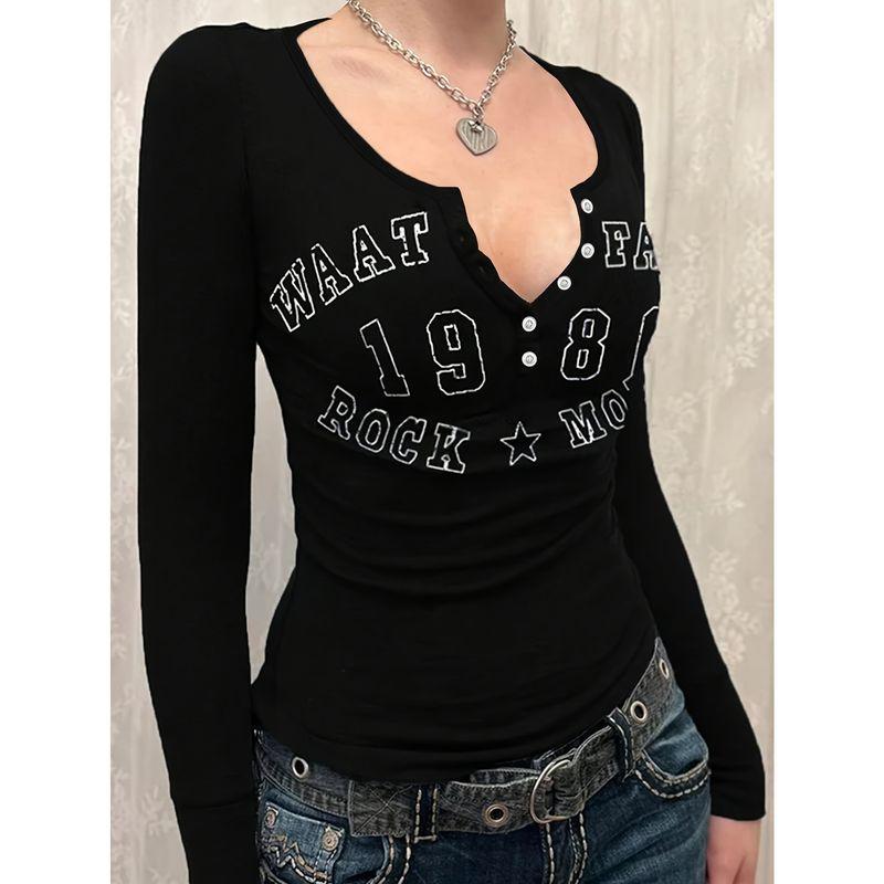 

Real Shot Spring & Fall New Arrival Minimalist American Letter Print Button Silm Bottoming Long Sleeve T-shirt European Station Best Selling Black XS