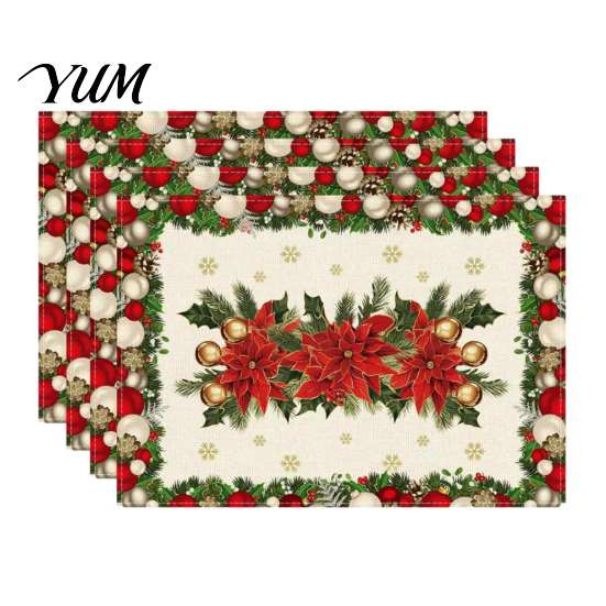 Holiday Party Supplies 4Pcs Christmas Linen Placemat Set, Cartoon Snowman Gingerbread Gnome Table Heat Insulation Pads Mat, Resistant Place