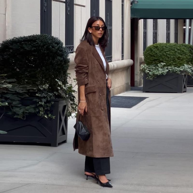 Wildleder Reversmantel Damen Winddicht und Warm Gerader Röhrenmantel Elegant Britischer Stil Pendler Oberbekleidung Herbst/Winter 2025