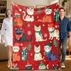 1 Piece Red Christmas Cat-themed Flannel Blanket, Soft, Suitable for Sofa, Bed, Office, All-season Use.