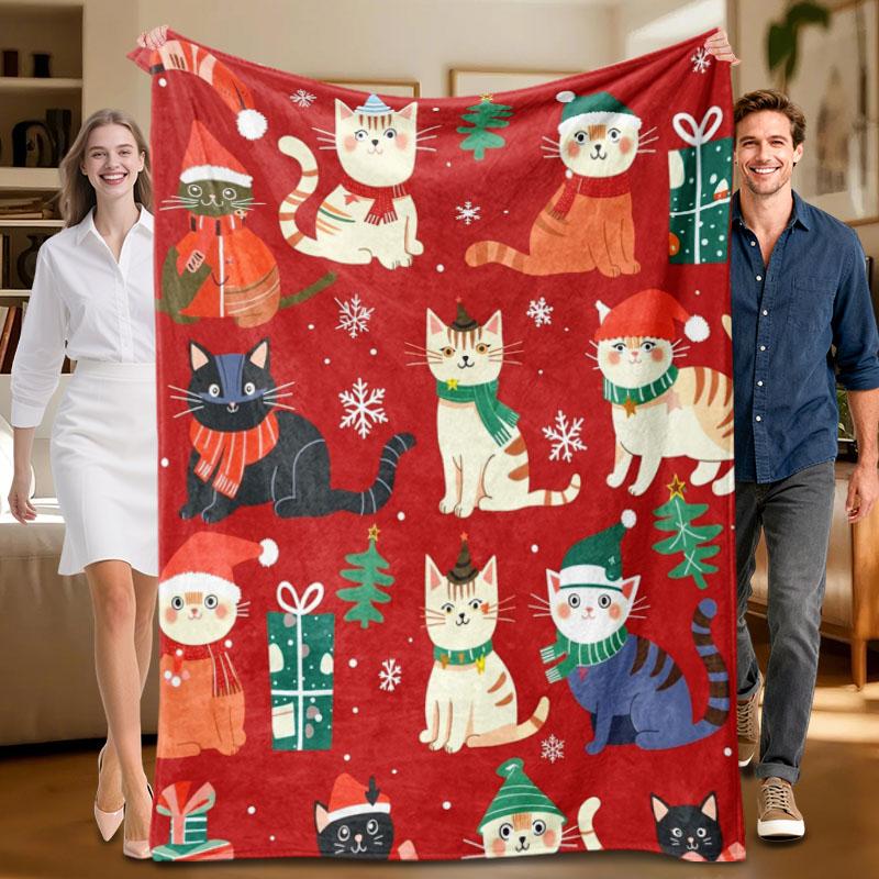 

1 piece red Christmas cat-themed flannel blanket, soft, suitable for sofa, bed, office, all-season use. 70x100cm