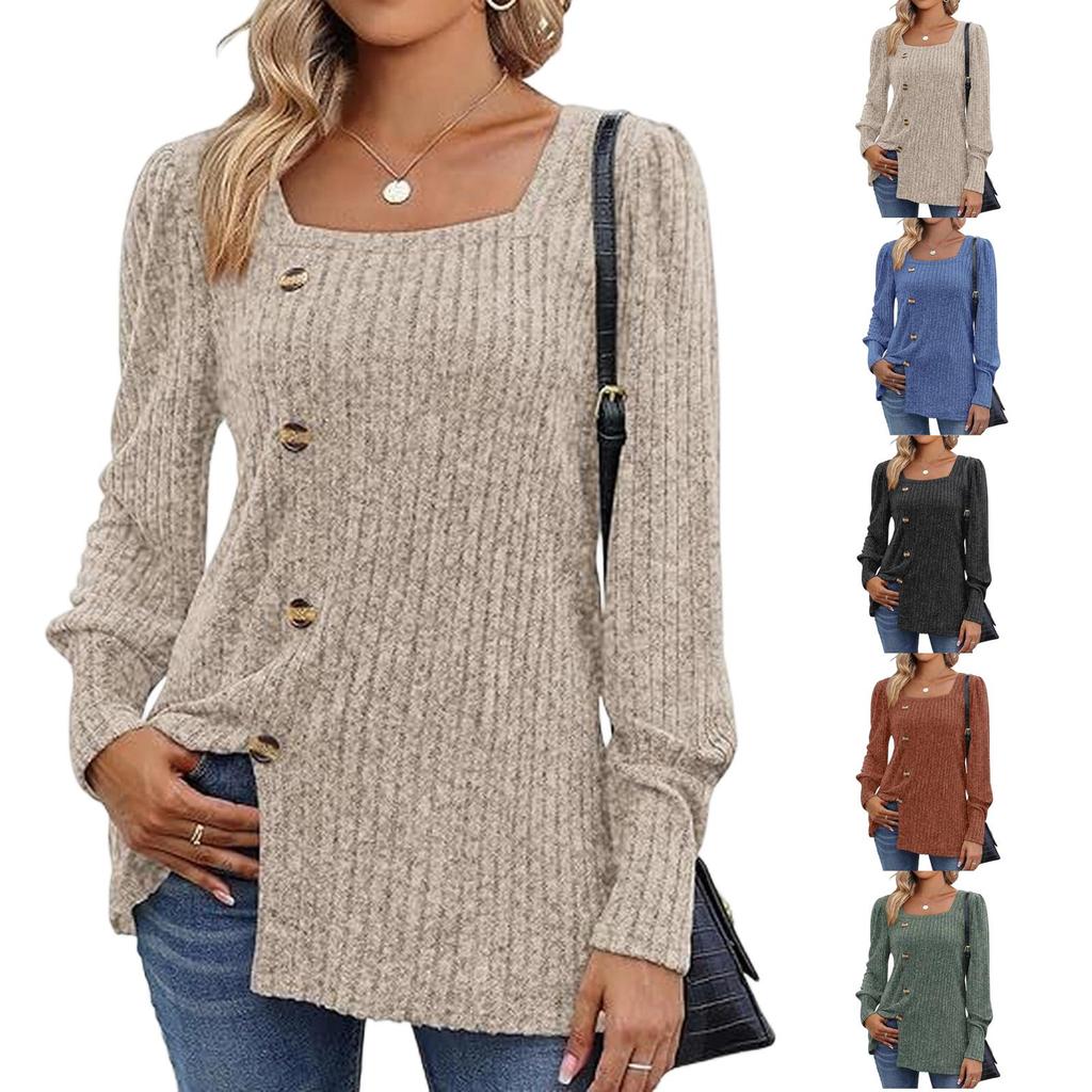 Women's Ribbed Square Neck Puff Sleeve Sweater Tee with Slit, Long Sleeve Casual Top